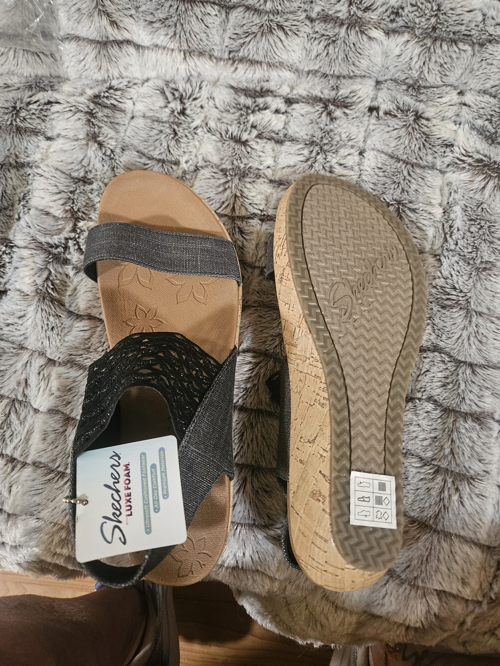 Skechers Women's Black Tan Cork-Look Wedge Sandals